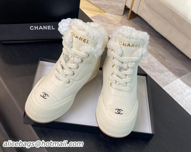 Luxury Discount Chanel Calfskin & Fur Sneaker Ankle Boots White 121171