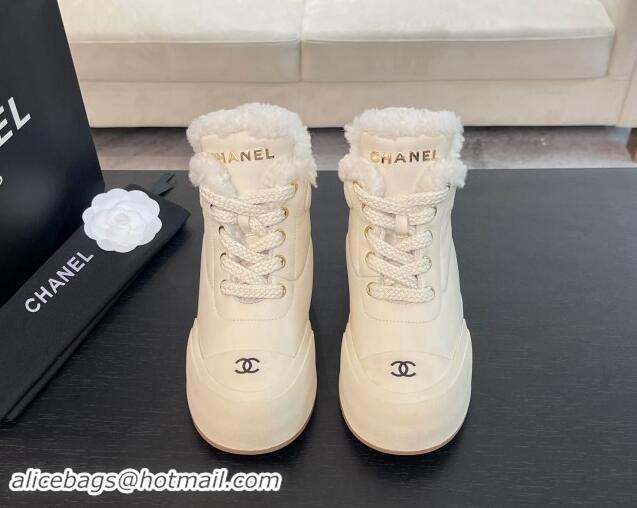 Luxury Discount Chanel Calfskin & Fur Sneaker Ankle Boots White 121171