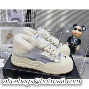 Good Product Chanel Calfskin & Fur High top Platform Sneakers 5cm Silver 121172