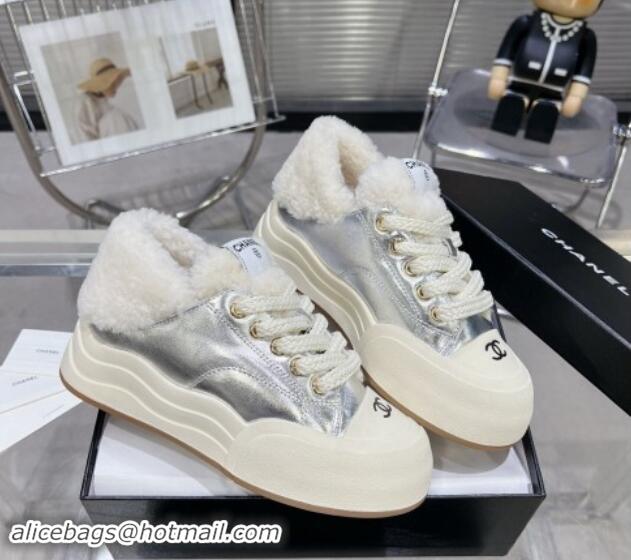 Good Product Chanel Calfskin & Fur High top Platform Sneakers 5cm Silver 121172