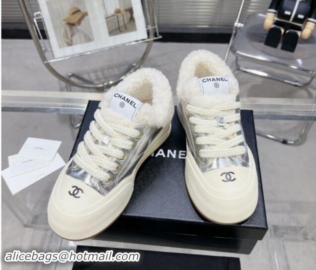 Good Product Chanel Calfskin & Fur High top Platform Sneakers 5cm Silver 121172