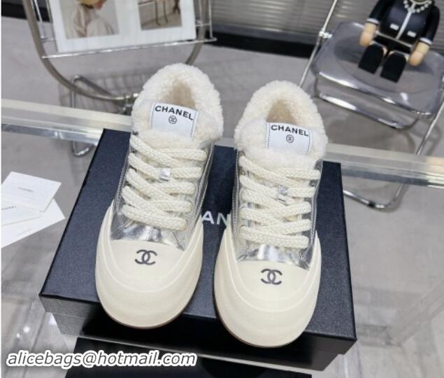 Good Product Chanel Calfskin & Fur High top Platform Sneakers 5cm Silver 121172