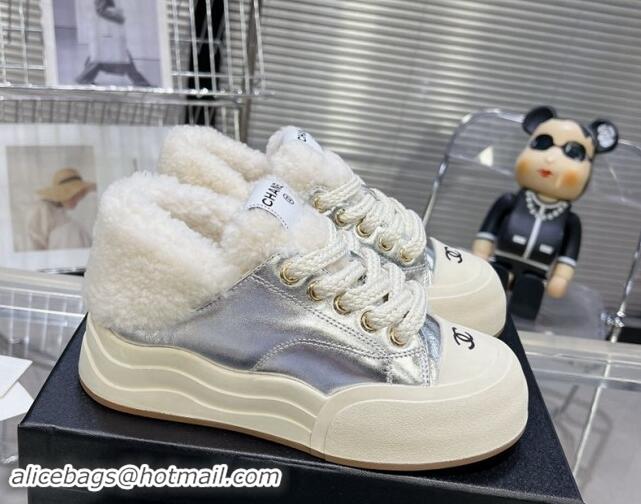 Good Product Chanel Calfskin & Fur High top Platform Sneakers 5cm Silver 121172