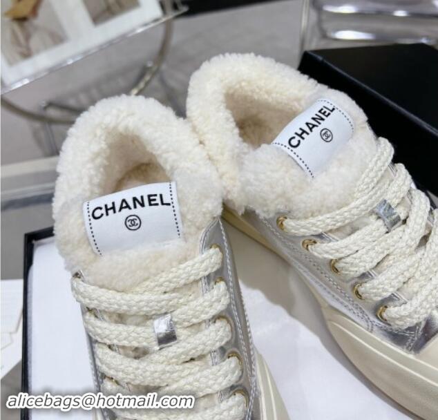 Good Product Chanel Calfskin & Fur High top Platform Sneakers 5cm Silver 121172