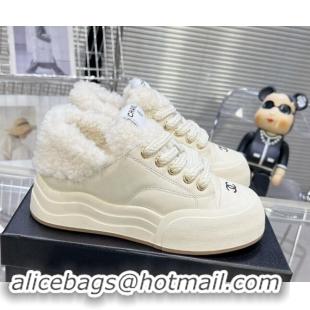 Stylish Chanel Calfskin & Fur High top Platform Sneakers 5cm White 121173