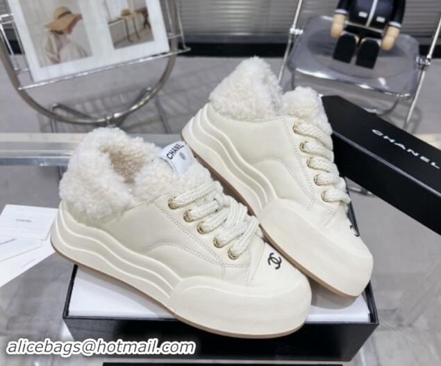 Stylish Chanel Calfskin & Fur High top Platform Sneakers 5cm White 121173