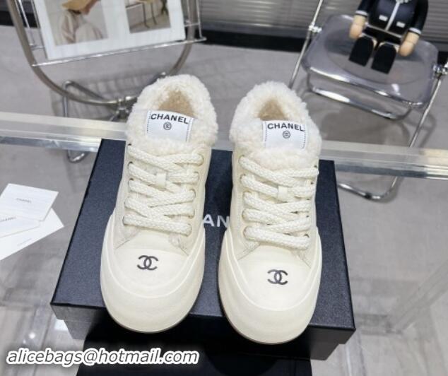 Stylish Chanel Calfskin & Fur High top Platform Sneakers 5cm White 121173