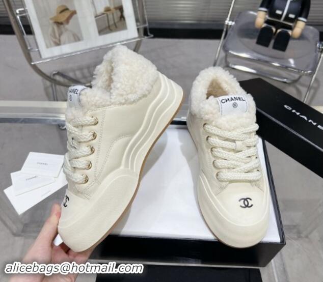 Stylish Chanel Calfskin & Fur High top Platform Sneakers 5cm White 121173