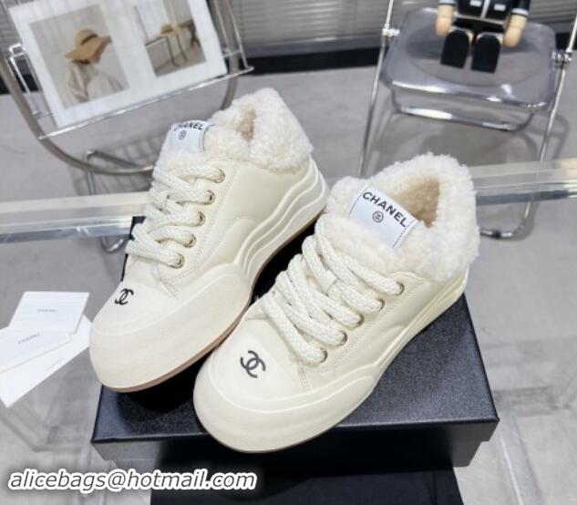 Stylish Chanel Calfskin & Fur High top Platform Sneakers 5cm White 121173