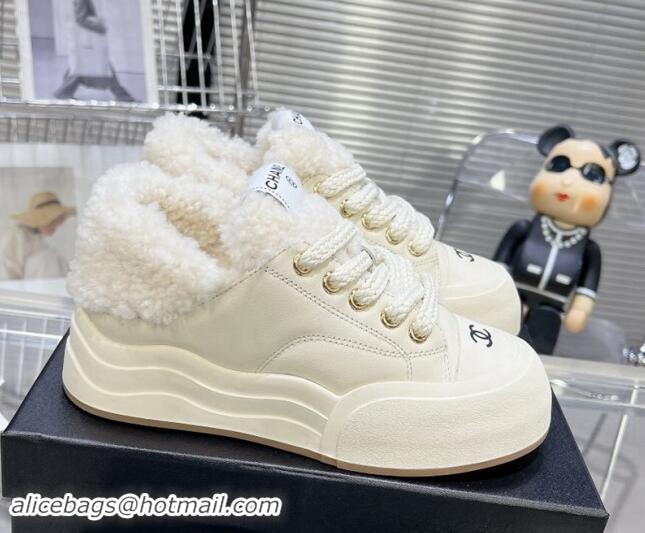 Stylish Chanel Calfskin & Fur High top Platform Sneakers 5cm White 121173