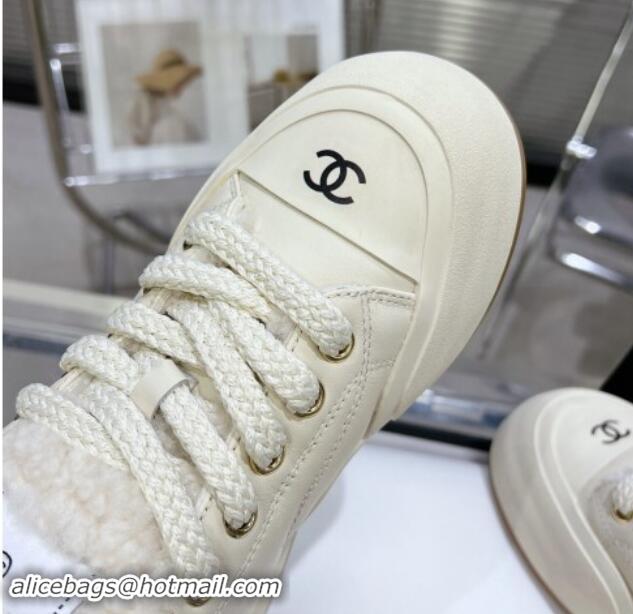 Stylish Chanel Calfskin & Fur High top Platform Sneakers 5cm White 121173