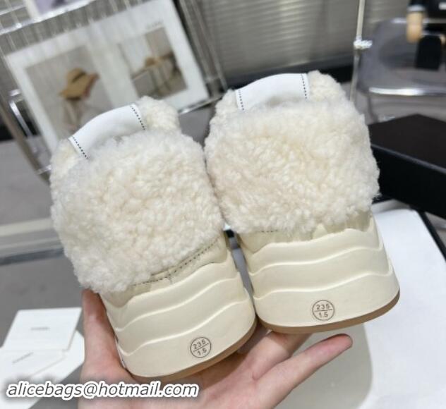 Stylish Chanel Calfskin & Fur High top Platform Sneakers 5cm White 121173