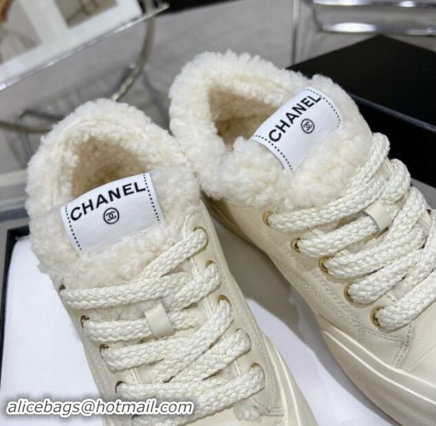 Stylish Chanel Calfskin & Fur High top Platform Sneakers 5cm White 121173