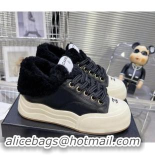 Trendy Design Chanel Calfskin & Fur High top Platform Sneakers 5cm Black 121174