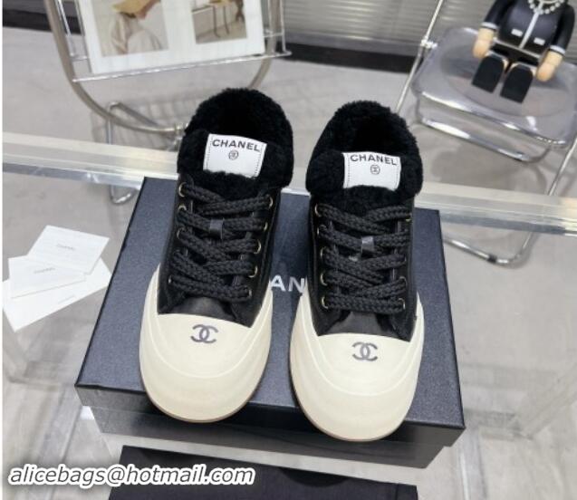 Trendy Design Chanel Calfskin & Fur High top Platform Sneakers 5cm Black 121174