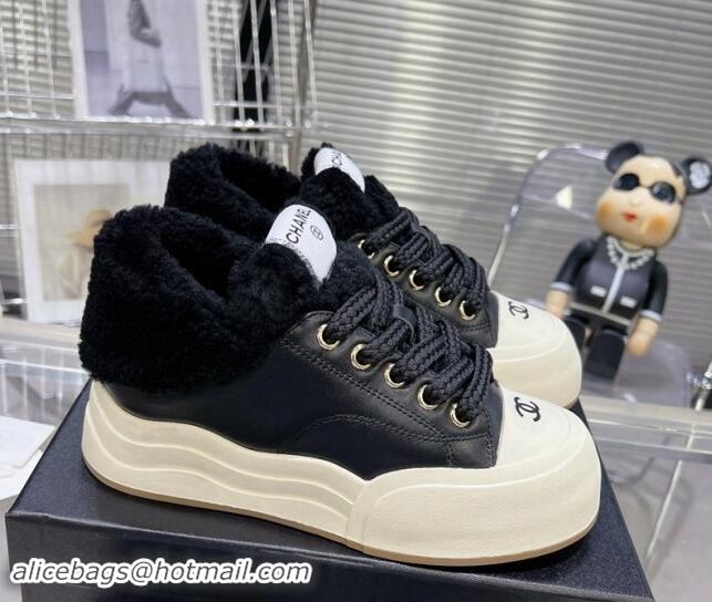 Trendy Design Chanel Calfskin & Fur High top Platform Sneakers 5cm Black 121174