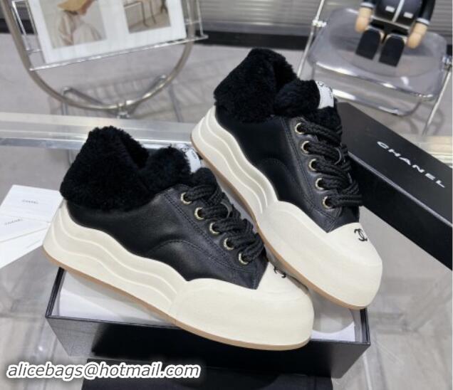 Trendy Design Chanel Calfskin & Fur High top Platform Sneakers 5cm Black 121174