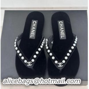 Sumptuous Chanel Velvet Flat Thongs Sandal with Pearls G46205 Black 1121175