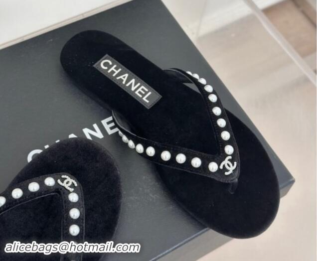 Sumptuous Chanel Velvet Flat Thongs Sandal with Pearls G46205 Black 1121175