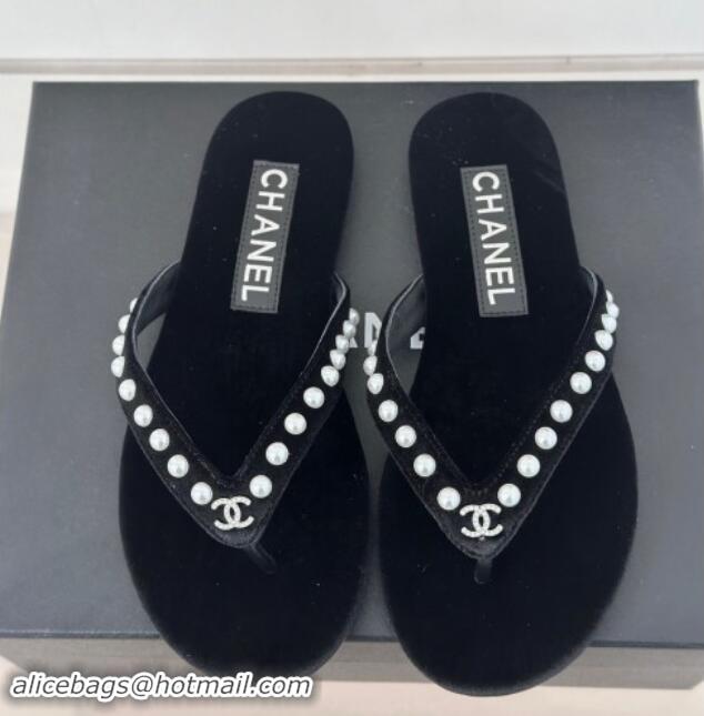 Sumptuous Chanel Velvet Flat Thongs Sandal with Pearls G46205 Black 1121175