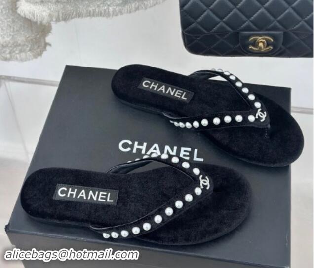 Sumptuous Chanel Velvet Flat Thongs Sandal with Pearls G46205 Black 1121175