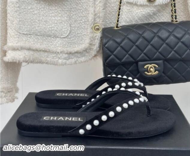 Sumptuous Chanel Velvet Flat Thongs Sandal with Pearls G46205 Black 1121175