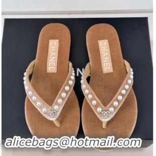 Low Cost Chanel Velvet Flat Thongs Sandal with Pearls G46205 Beige 121176