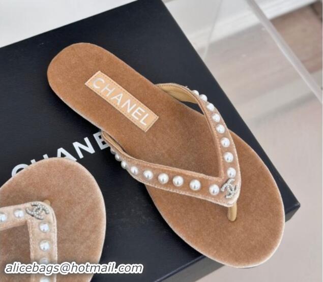 Low Cost Chanel Velvet Flat Thongs Sandal with Pearls G46205 Beige 121176