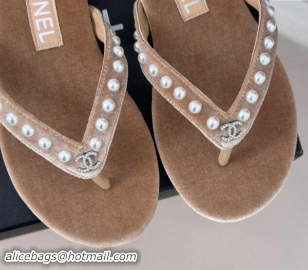 Low Cost Chanel Velvet Flat Thongs Sandal with Pearls G46205 Beige 121176