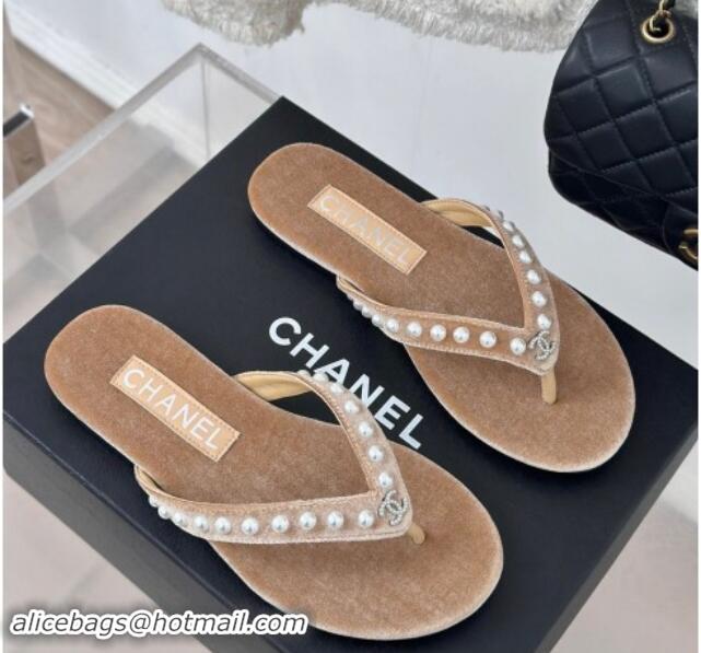 Low Cost Chanel Velvet Flat Thongs Sandal with Pearls G46205 Beige 121176