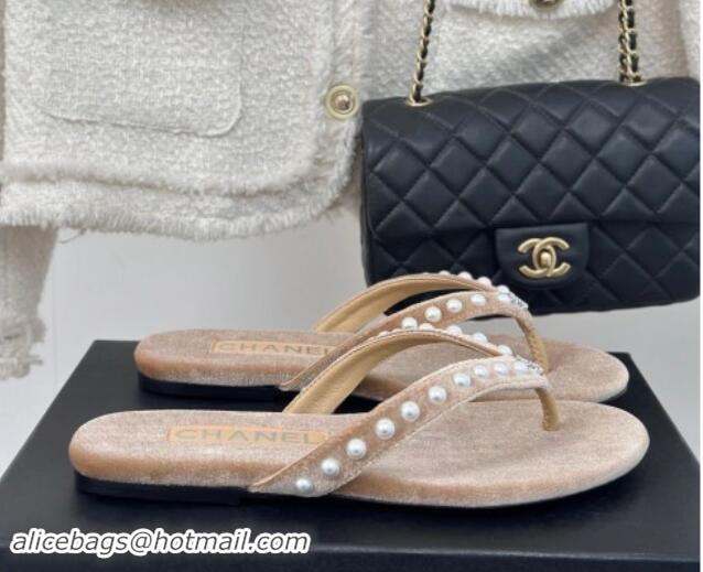 Low Cost Chanel Velvet Flat Thongs Sandal with Pearls G46205 Beige 121176