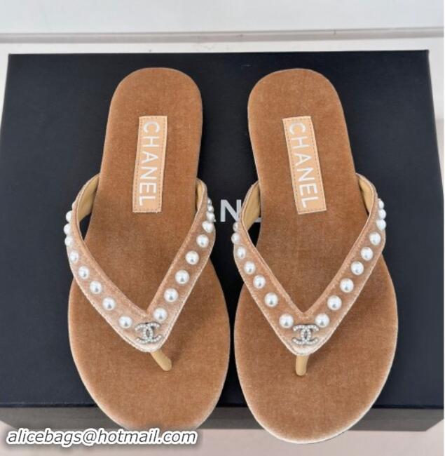 Low Cost Chanel Velvet Flat Thongs Sandal with Pearls G46205 Beige 121176