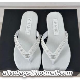 Duplicate Chanel Velvet Flat Thongs Sandal with Pearls G46205 White 121177