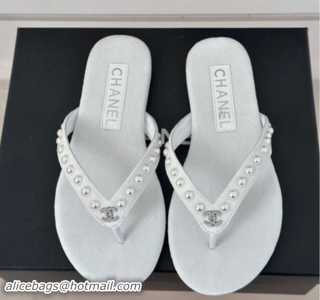 Duplicate Chanel Velvet Flat Thongs Sandal with Pearls G46205 White 121177