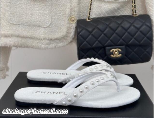 Duplicate Chanel Velvet Flat Thongs Sandal with Pearls G46205 White 121177