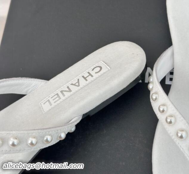 Duplicate Chanel Velvet Flat Thongs Sandal with Pearls G46205 White 121177