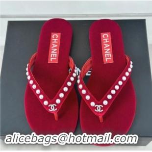 Best Price Chanel Velvet Flat Thongs Sandal with Pearls G46205 Red 121178