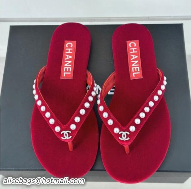 Best Price Chanel Velvet Flat Thongs Sandal with Pearls G46205 Red 121178