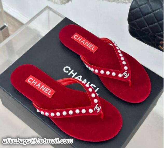 Best Price Chanel Velvet Flat Thongs Sandal with Pearls G46205 Red 121178