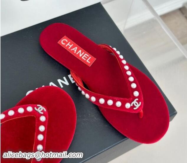 Best Price Chanel Velvet Flat Thongs Sandal with Pearls G46205 Red 121178