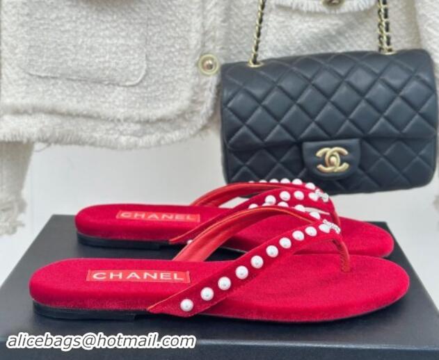 Best Price Chanel Velvet Flat Thongs Sandal with Pearls G46205 Red 121178