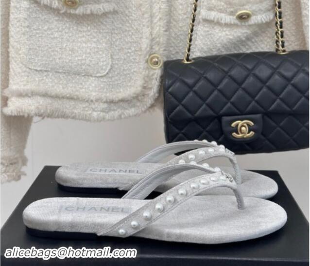 Luxurious Chanel Velvet Flat Thongs Sandal with Pearls G46205 Grey 1121179