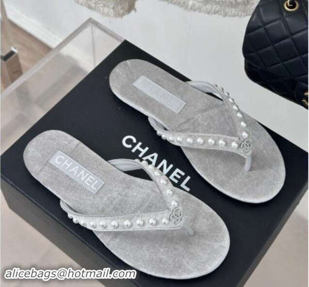 Luxurious Chanel Velvet Flat Thongs Sandal with Pearls G46205 Grey 1121179