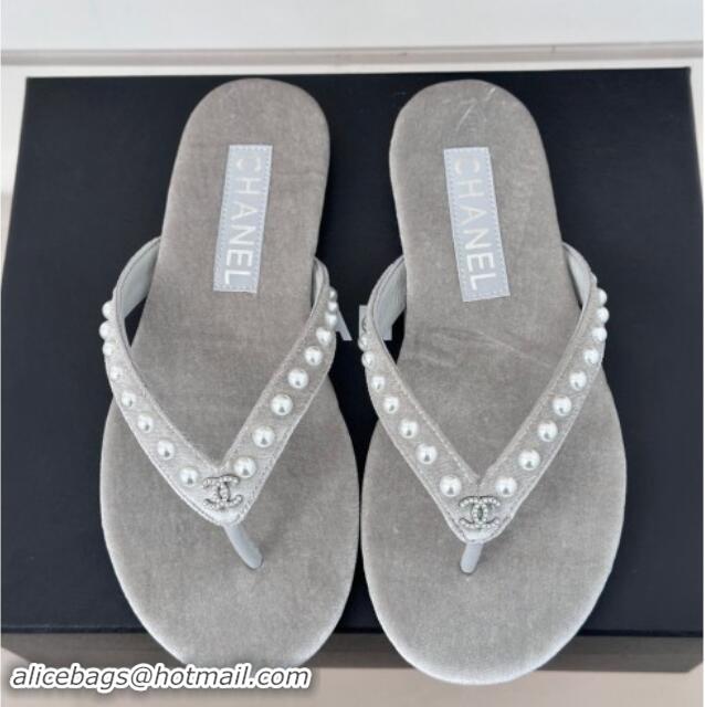 Luxurious Chanel Velvet Flat Thongs Sandal with Pearls G46205 Grey 1121179