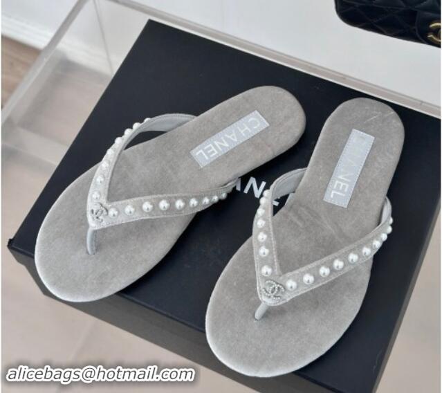 Luxurious Chanel Velvet Flat Thongs Sandal with Pearls G46205 Grey 1121179