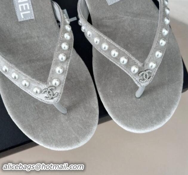 Luxurious Chanel Velvet Flat Thongs Sandal with Pearls G46205 Grey 1121179