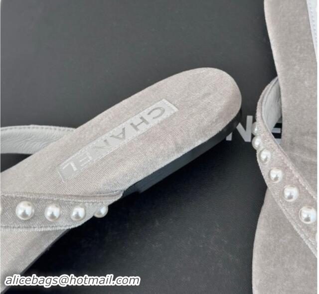 Luxurious Chanel Velvet Flat Thongs Sandal with Pearls G46205 Grey 1121179