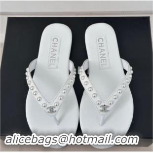 Purchase Chanel Calfskin Flat Thongs Sandal with Pearls G46205 White 1121180