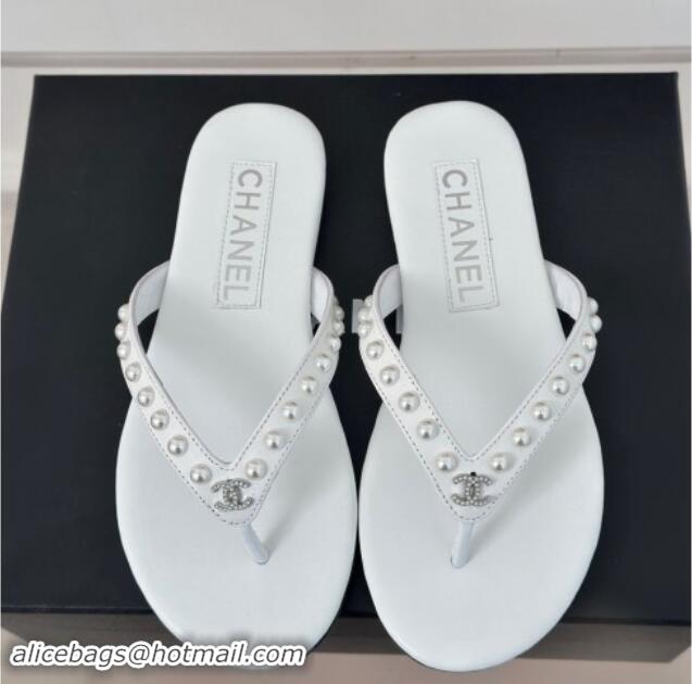 Purchase Chanel Calfskin Flat Thongs Sandal with Pearls G46205 White 1121180