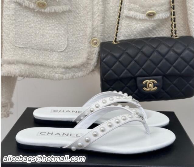 Purchase Chanel Calfskin Flat Thongs Sandal with Pearls G46205 White 1121180